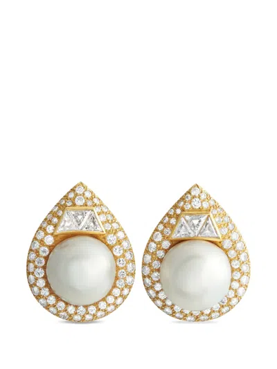 Pre-owned Lb Exclusive Diamond And Pearl Pear-shaped Earrings In Gold