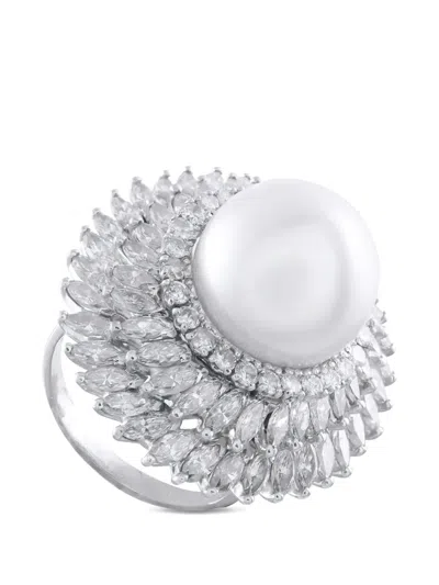 Pre-owned Lb Exclusive Diamond And Pearl Ring In Silver