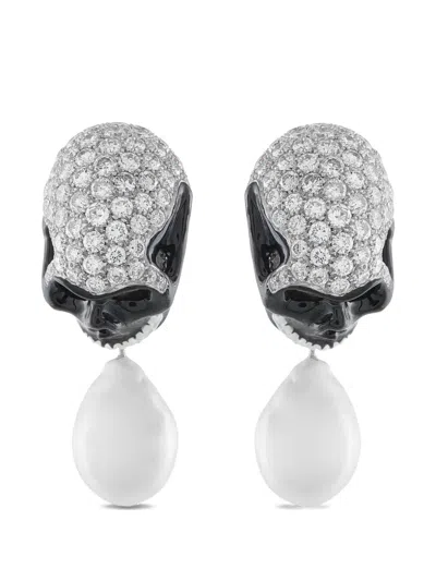 Pre-owned Lb Exclusive Diamond And Pearl Skull Earrings In Silver