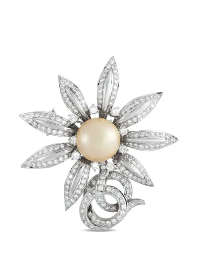 Pre-owned Lb Exclusive Diamond And Pearl Sunflower Brooch In Silver