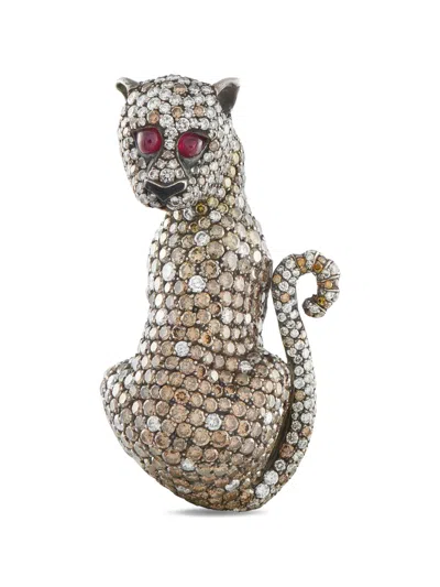 Pre-owned Lb Exclusive Diamond And Ruby Feline Brooch In Gold