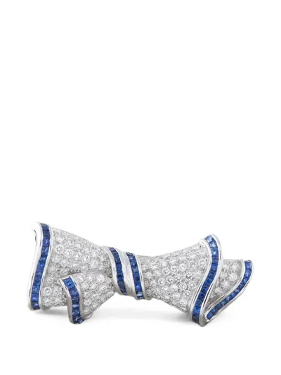Pre-owned Lb Exclusive Diamond And Sapphire Bow Brooch In Silver