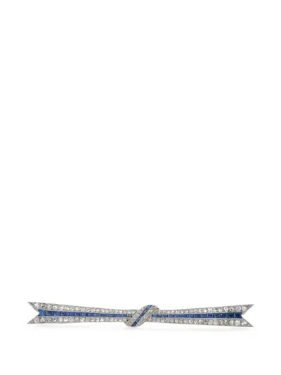 Pre-owned Lb Exclusive Diamond And Sapphire Bow Brooch In Silver