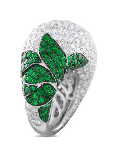 Pre-owned Lb Exclusive Diamond And Sapphire Leaf-detail Ring In Silver