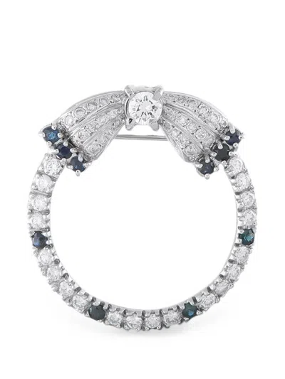 Pre-owned Lb Exclusive Diamond And Sapphire Open-circle Bow-motif Brooch In Silver