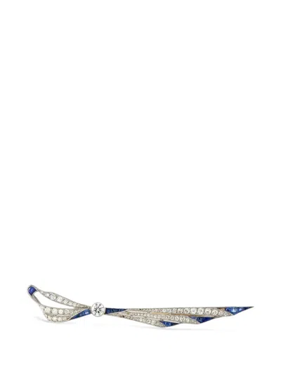 Pre-owned Lb Exclusive Diamond And Sapphire Ribbon Brooch In Gold