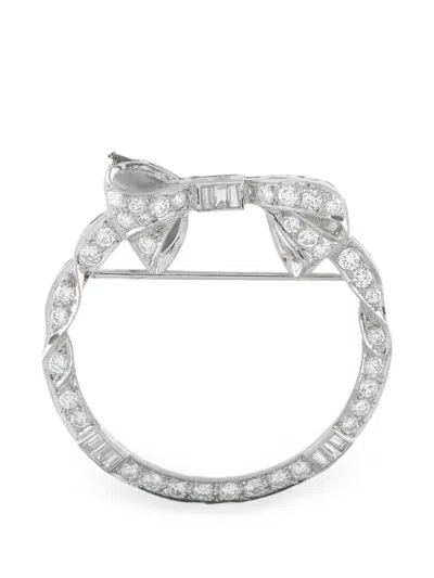 Pre-owned Lb Exclusive Diamond Circular-shape Bow Brooch In Silver