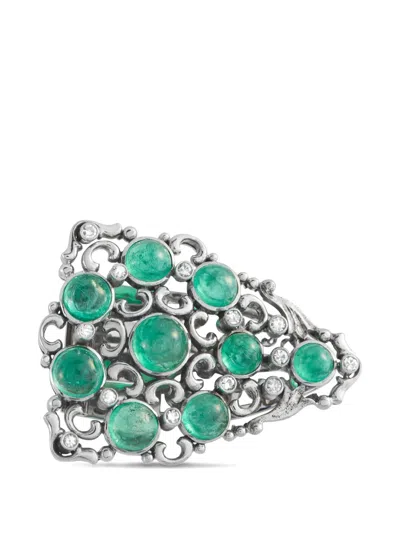Pre-owned Lb Exclusive Diamond Colombian-emerald Brooch In Silver