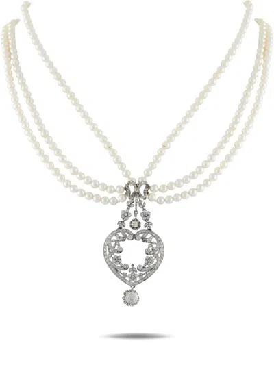 Pre-owned Lb Exclusive Diamond-embellished Pendant Pearl Necklace In Silver