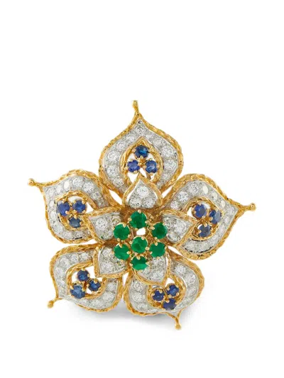 Pre-owned Lb Exclusive Diamond Emerald And Sapphire Brooch In Gold