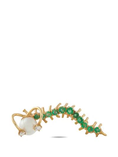Pre-owned Lb Exclusive Diamond Emerald Pearl Caterpillar Brooch In Gold