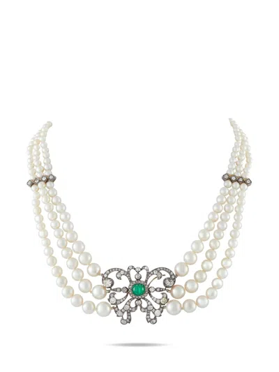 Pre-owned Lb Exclusive Diamond Emerald Pearl Choker Necklace In White