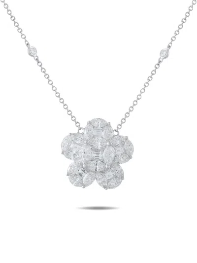 Pre-owned Lb Exclusive Diamond Floral Pendant Necklace In Silver