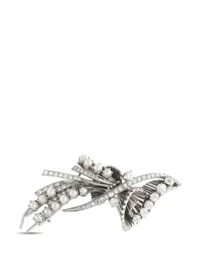 Pre-owned Lb Exclusive Diamond Pearl Brooch In Silver