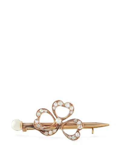 Pre-owned Lb Exclusive Diamond Pearl Clover Brooch In Gold