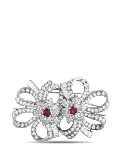 Pre-owned Lb Exclusive Diamond Ruby Bloom Bow Brooch In Silver