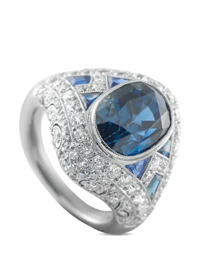 Pre-owned Lb Exclusive Diamond Sapphire Platinum Art Deco Ring In Silver