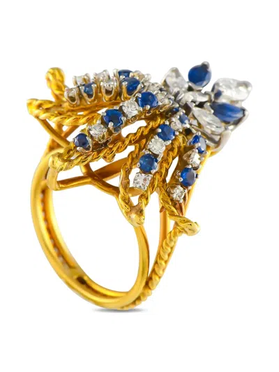 Pre-owned Lb Exclusive Eighteen Karat Gold Sapphire Diamond Fleur De Lis Ring