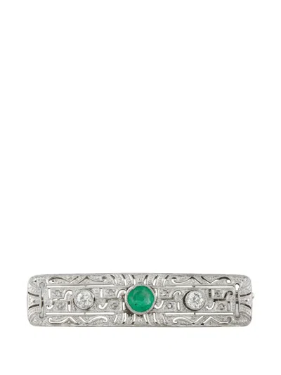 Pre-owned Lb Exclusive Emerald And Diamond Bar Brooch In Silver