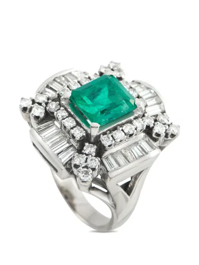 Pre-owned Lb Exclusive Emerald And Diamond Embellished Ring In Silver