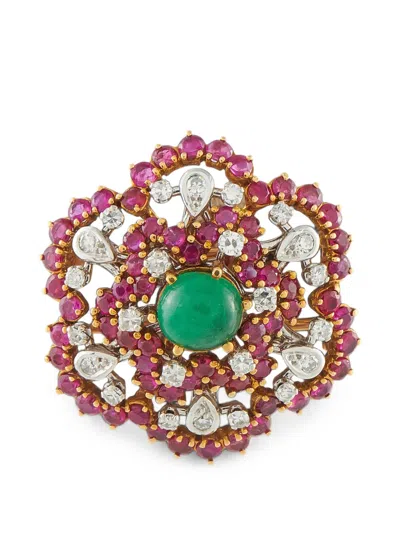 Pre-owned Lb Exclusive Emerald And Ruby Brooch In Gold