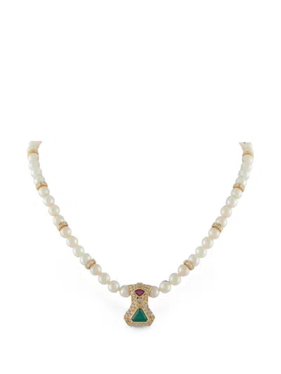 Pre-owned Lb Exclusive Emerald And Ruby Cultured Pearl Necklace In Gold