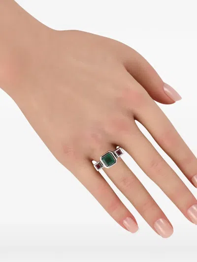 Pre-owned Lb Exclusive Emerald And Ruby Ring In Silver