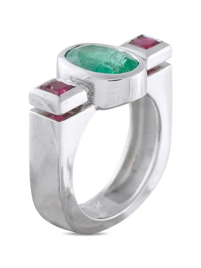 Pre-owned Lb Exclusive Emerald And Ruby Ring In Silver