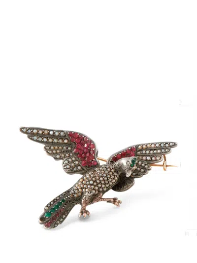 Pre-owned Lb Exclusive Emerald Seed Pearl And Garnet Bird Brooch In Grey