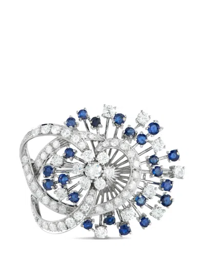 Pre-owned Lb Exclusive Fan-shaped Diamond And Sapphires Brooch In Silver