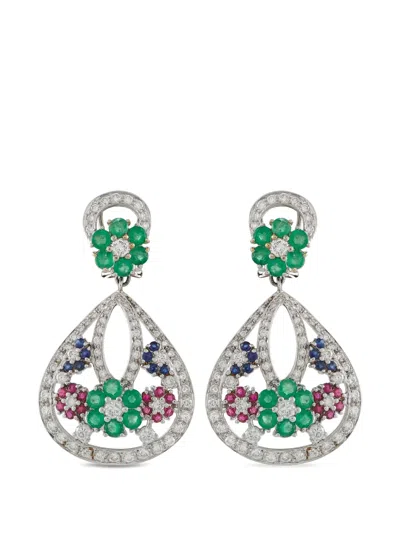 Pre-owned Lb Exclusive Floral Diamond 1.85ct Multi-stone 18k White Gold Earrings In Silver