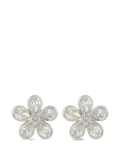 Pre-owned Lb Exclusive Floral-motif Diamond Stud Earrings In Silver