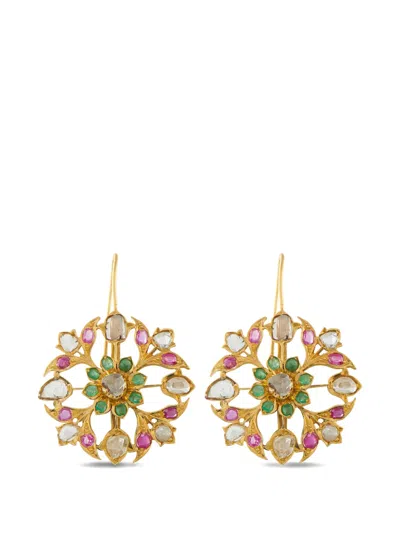 Pre-owned Lb Exclusive Floral-motif Multi-stone Earrings In Gold