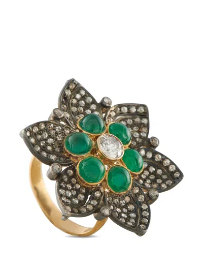 Pre-owned Lb Exclusive Floral-motif Diamond And Emerald Ring In Pink