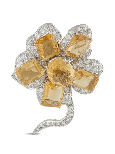 Pre-owned Lb Exclusive Flower-shaped Diamond And Citrine Brooch In Silver