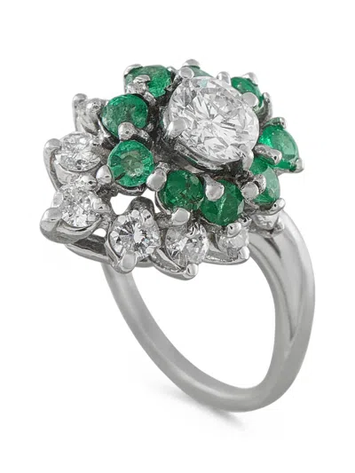 Pre-owned Lb Exclusive Flower-motif Diamond And Emerald Ring In Silver