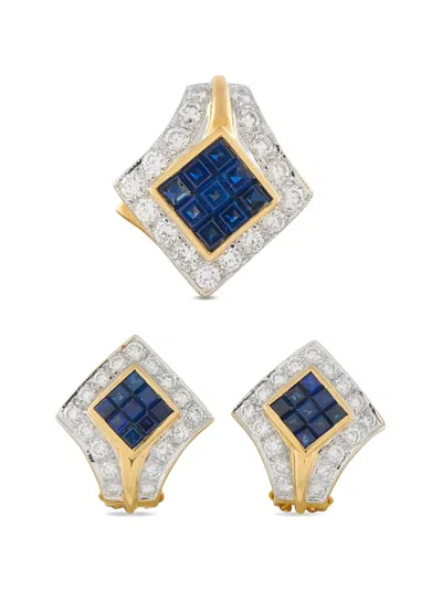 Pre-owned Lb Exclusive Geometric-shape Diamond And Sapphire Earrings And Pendant Set In Gold