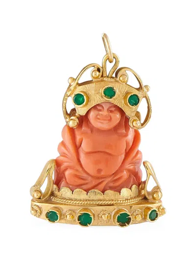 Pre-owned Lb Exclusive Happy Buddha Coral And Emerald Pendant In Gold