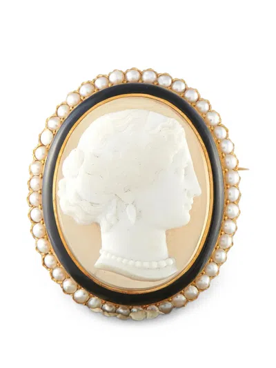 Pre-owned Lb Exclusive Hardstone And Pearl Cameo Brooch In Gold