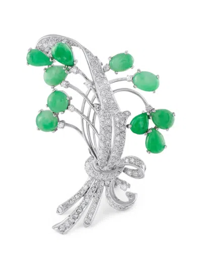 Pre-owned Lb Exclusive Jade And Diamond Brooch In Silver