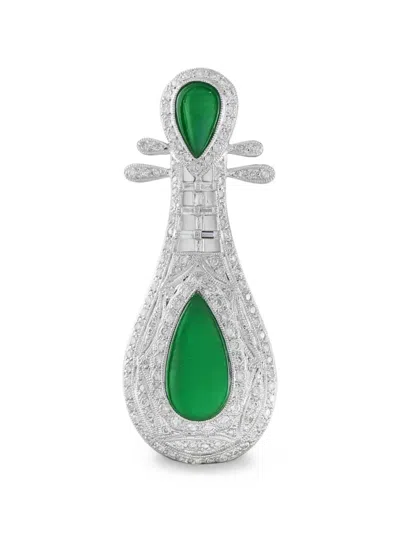 Pre-owned Lb Exclusive Jade And Diamond Brooch In Silver