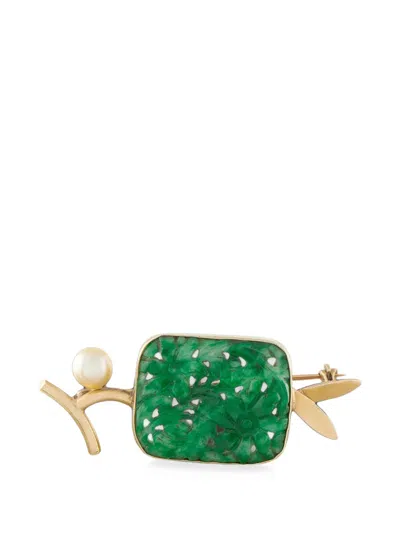 Pre-owned Lb Exclusive Jade And Pearl Brooch In Gold
