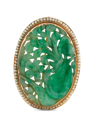 Pre-owned Lb Exclusive Jade And Seed-pearl Motif Brooch In Gold