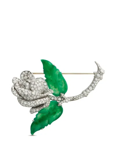 Pre-owned Lb Exclusive Jade Diamond Rose-shape Brooch In Silver