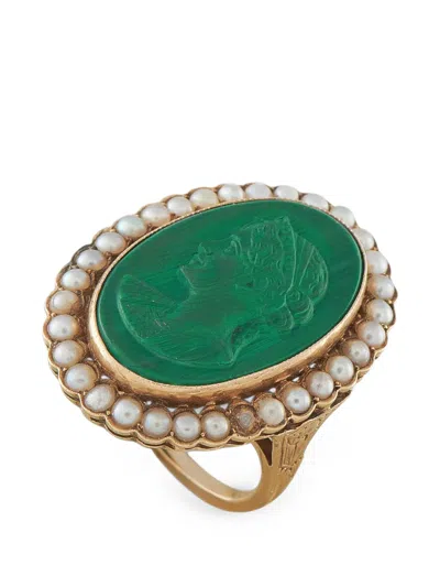 Pre-owned Lb Exclusive Malachite And Pearl Ring In Gold