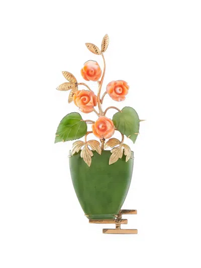 Pre-owned Lb Exclusive Nephrite Jade And Coral Brooch In Gold