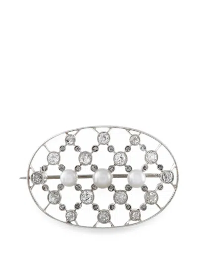 Pre-owned Lb Exclusive Openwork Diamond And Pearl Brooch In Silver