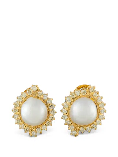 Pre-owned Lb Exclusive Pearl And Diamond Cluster Earrings In Gold