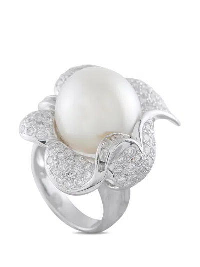 Pre-owned Lb Exclusive Pearl And Diamond Floral Ring In Silver