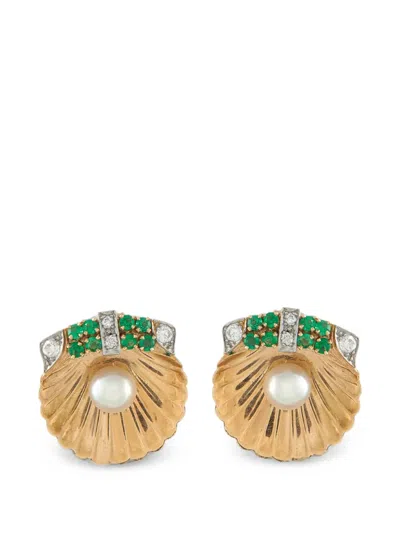 Pre-owned Lb Exclusive Pearl And Emerald Shell Earrings In Gold